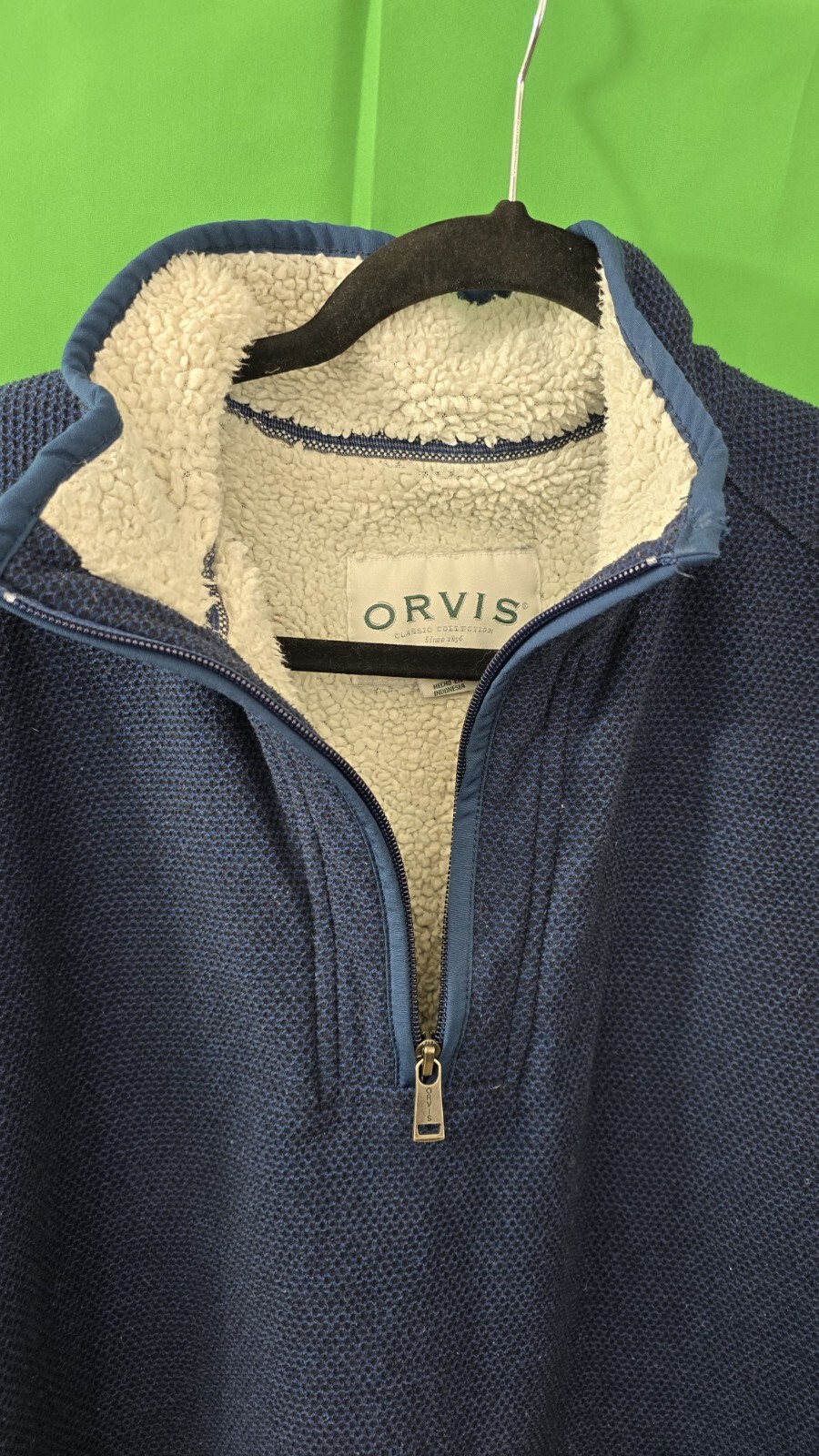 Orvis Men’s Sweater - Size Large, Dark Blue, Sherpa-Lined 1/4 Zip Pullover