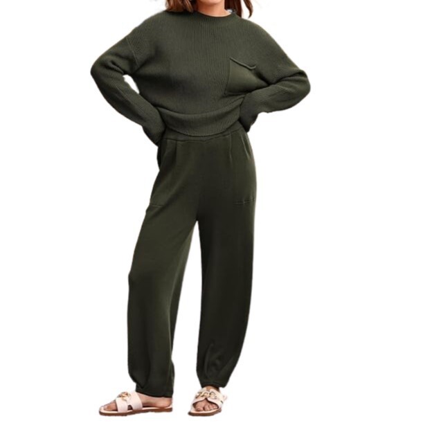 PrettyGarden Women's 2 Piece Sweater Set, Army Green, Size S