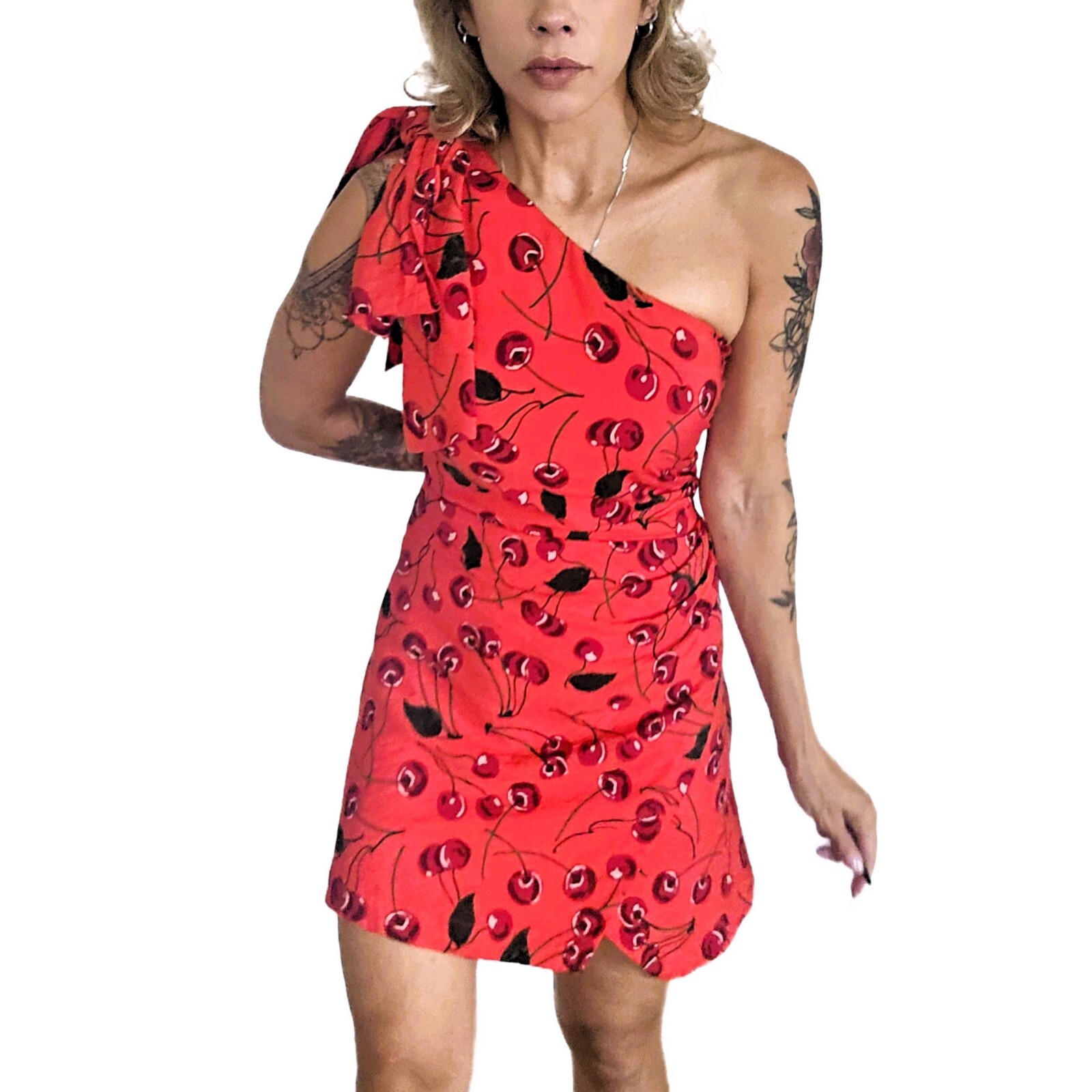 Anthropologie Maeve Cherry Print One-Shoulder Mini Dress Size 12