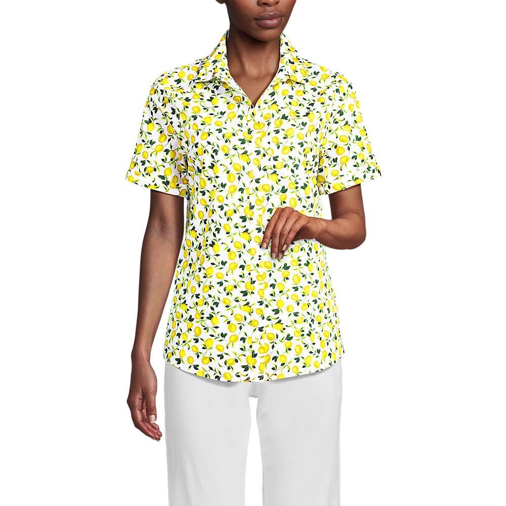 Lands’ End Women’s Wrinkle-Free No-Iron Shirt – Size S, White Lemons Print
