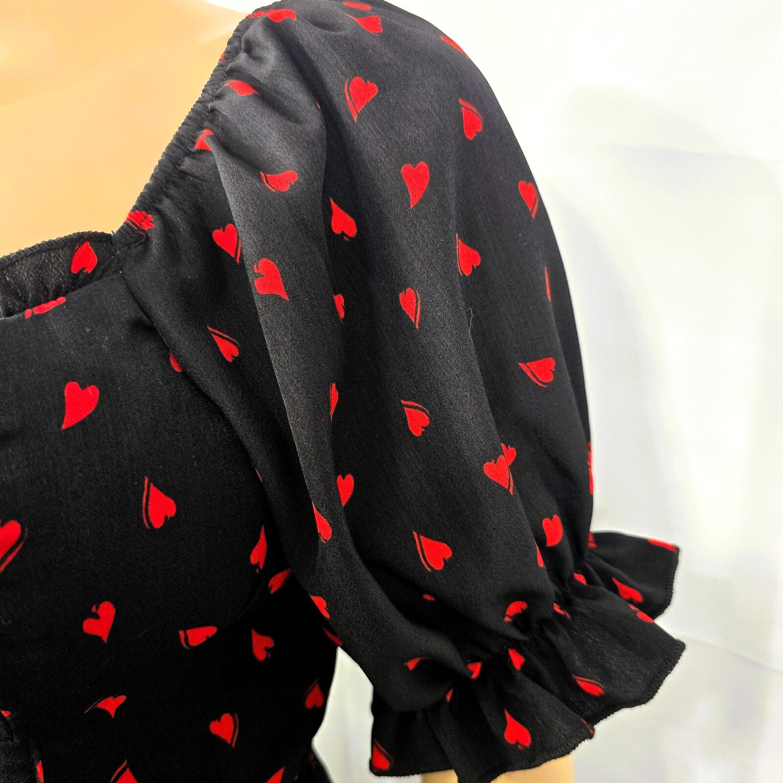 Inspired Hearts Women's Black Puff Sleeve Dress S Red Heart Print