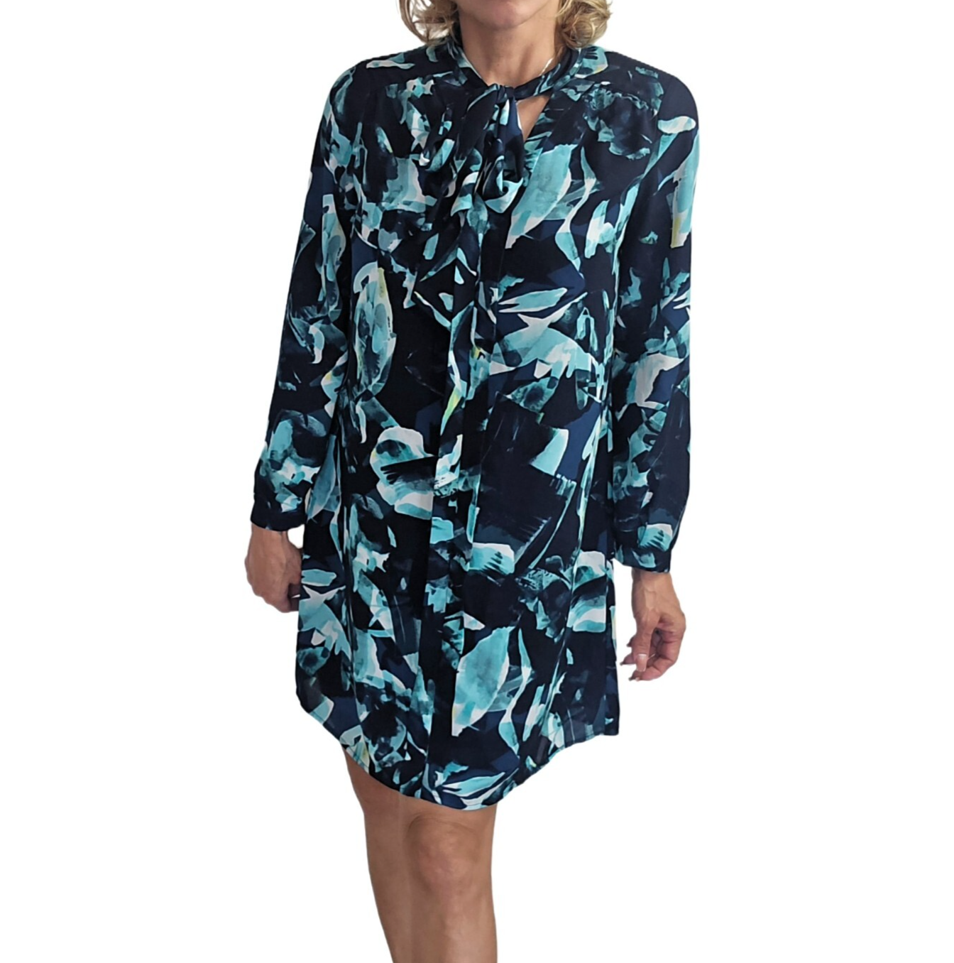 Cupio Tie Neck Abstract Dress Size S Long Sleeve Lined Blue Shift Style