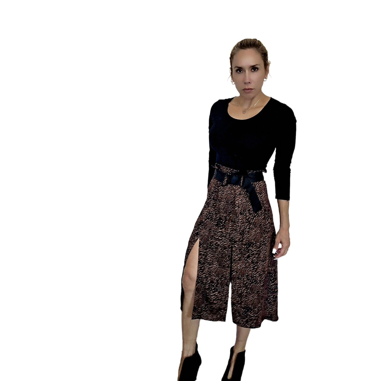 ZARA Animal Print Midi Skirt with Belt - Size XS – Flowy Black & Brown