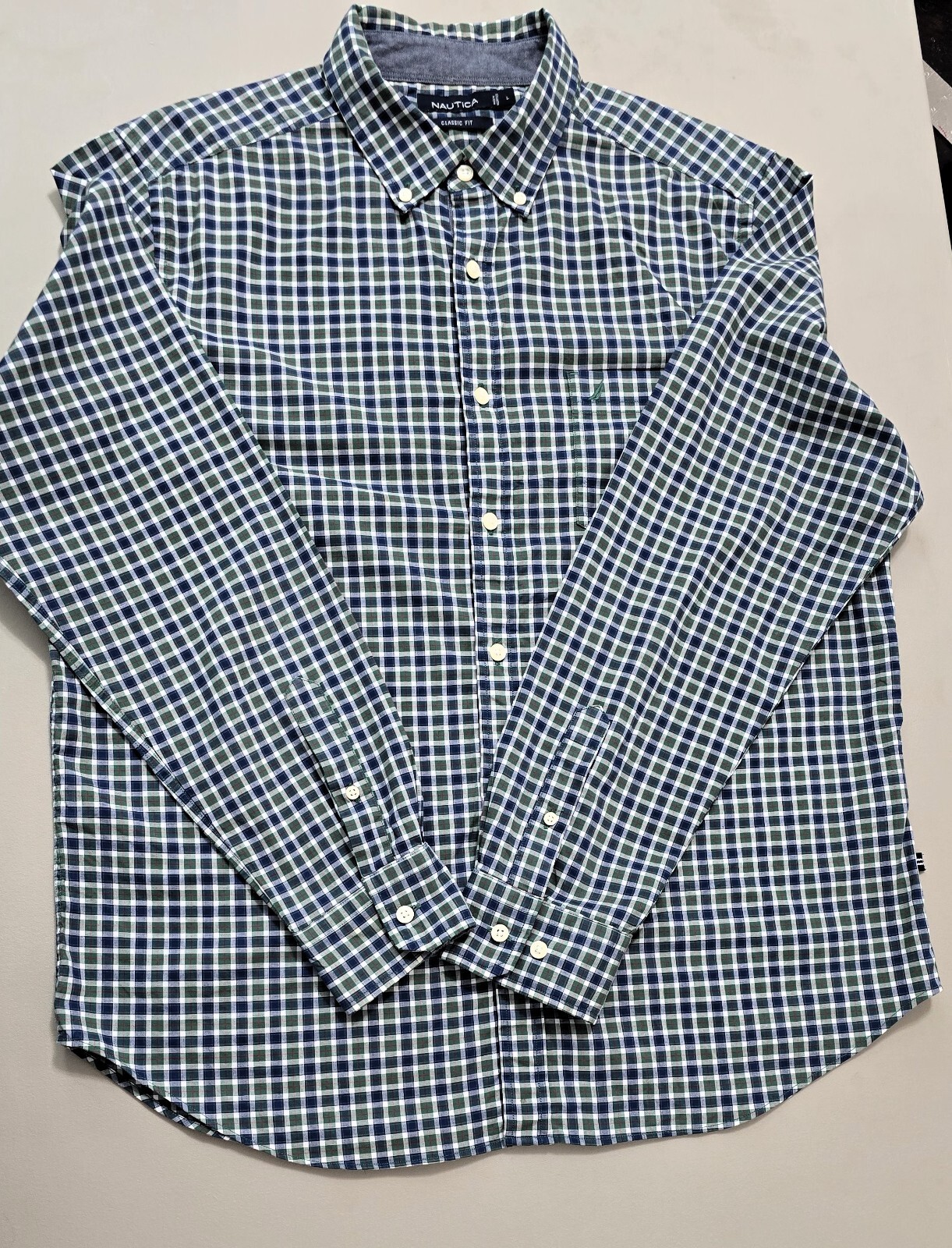 NAUTICA Mens Blue/Green Plaid Dress Shirt - Size L - Long Sleeve