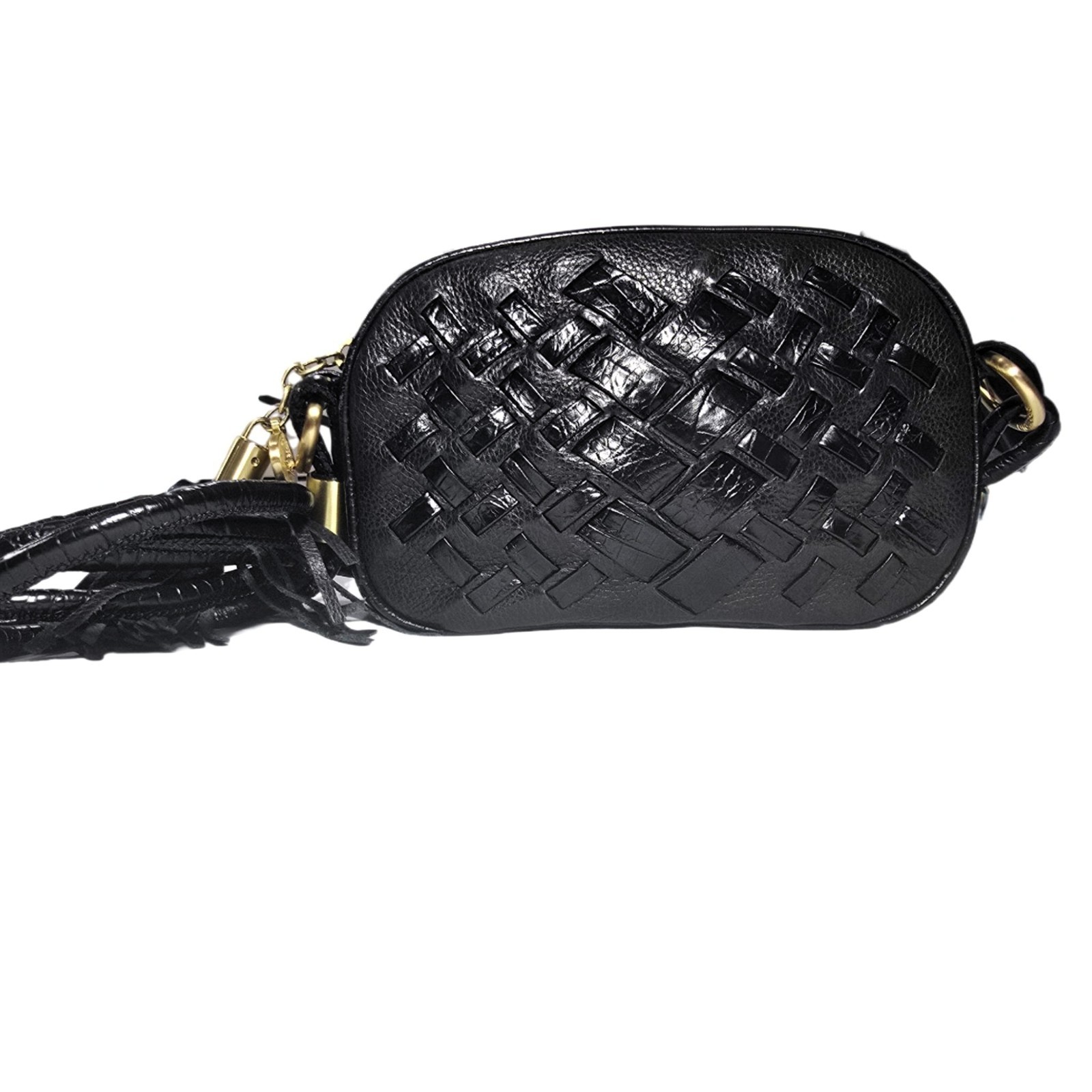 Brahmin Black Leather Multi-Texture Crossbody Bag, Gold Hardware, Key Clip