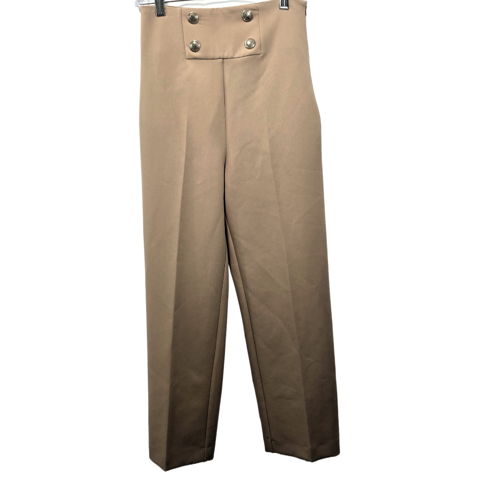 Zara Women's High Waisted Beige Trousers With Button Waist Detail - Size S