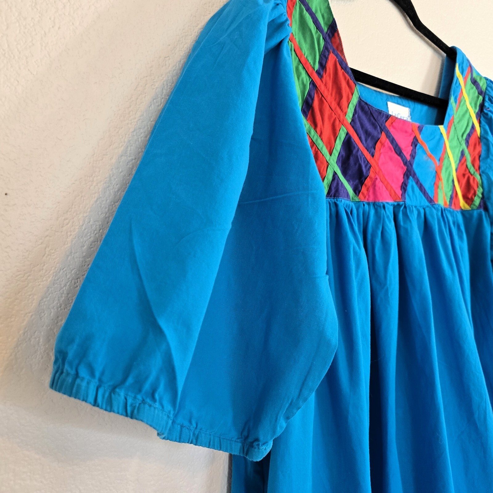 Vintage 1980s La Cera Blue Cotton Dress Size L – Embroidered Boho Midi