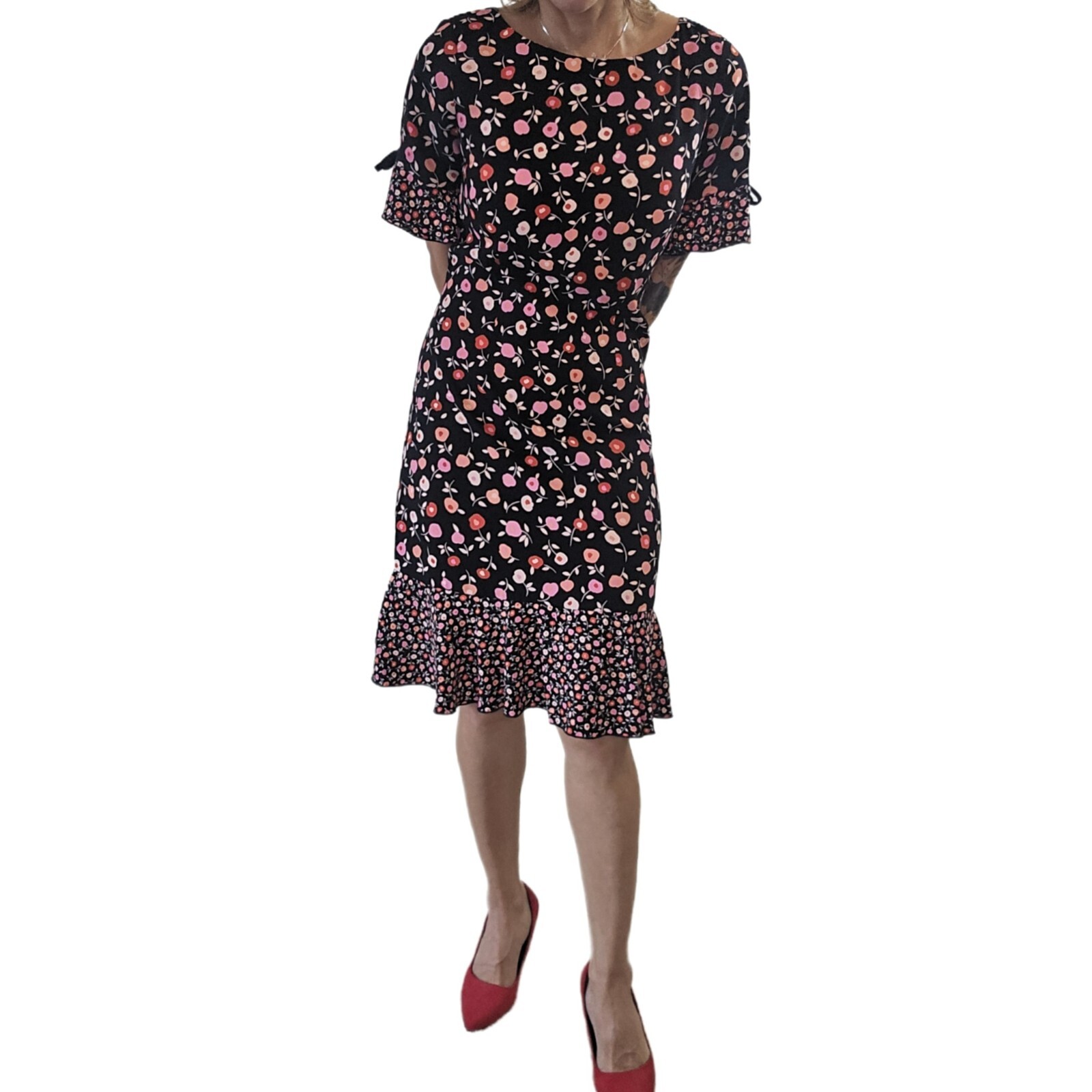 Talbots Women’s Floral Jewel Neck Shift Dress – Black with Ruffle Hem | Size 6