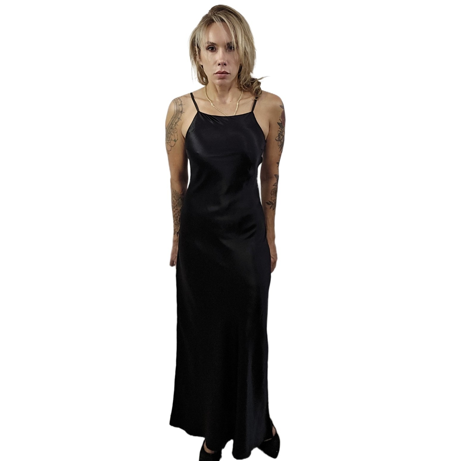 Roberta Vintage 1990s Black Satin Slip Dress Gown 5/6 Beaded Sheer Back