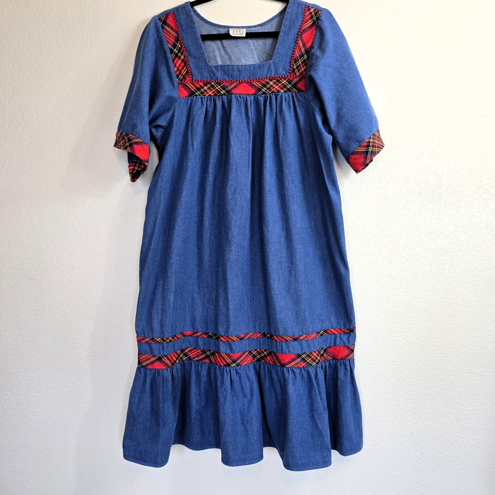 VTG 1980s Appel Denim Look Dress Boho Red Plaid Trim L/XL Grandmacore Cotton