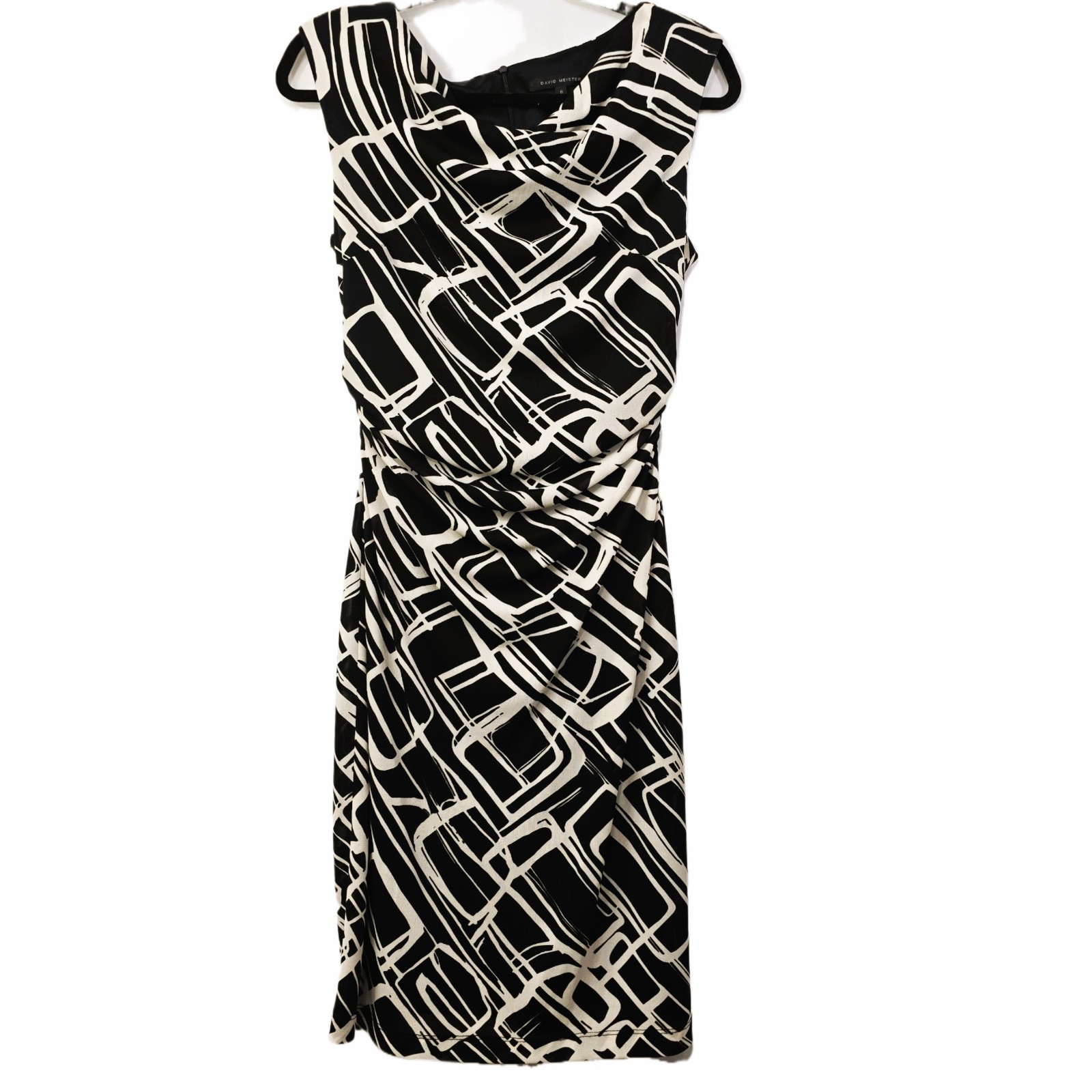 David Meister Women's Black White Abstract Midi Dress Size 8 Made in USA