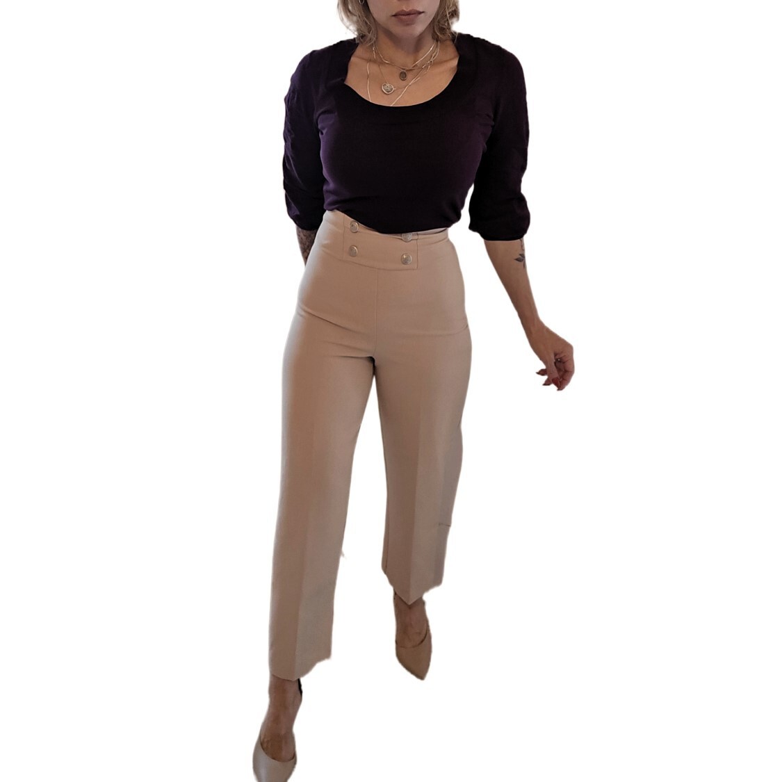 Zara Women's High Waisted Beige Trousers With Button Waist Detail - Size S