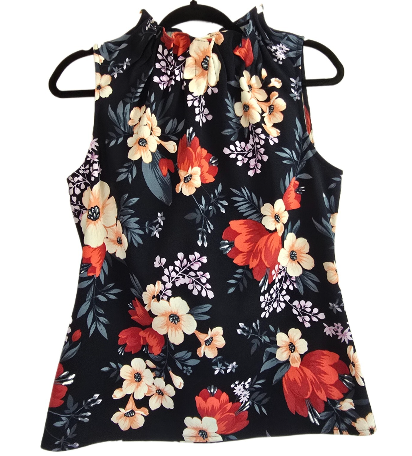 Ann Taylor Floral Sleeveless Blouse SP Ruffle Neck Black Red Orange Top