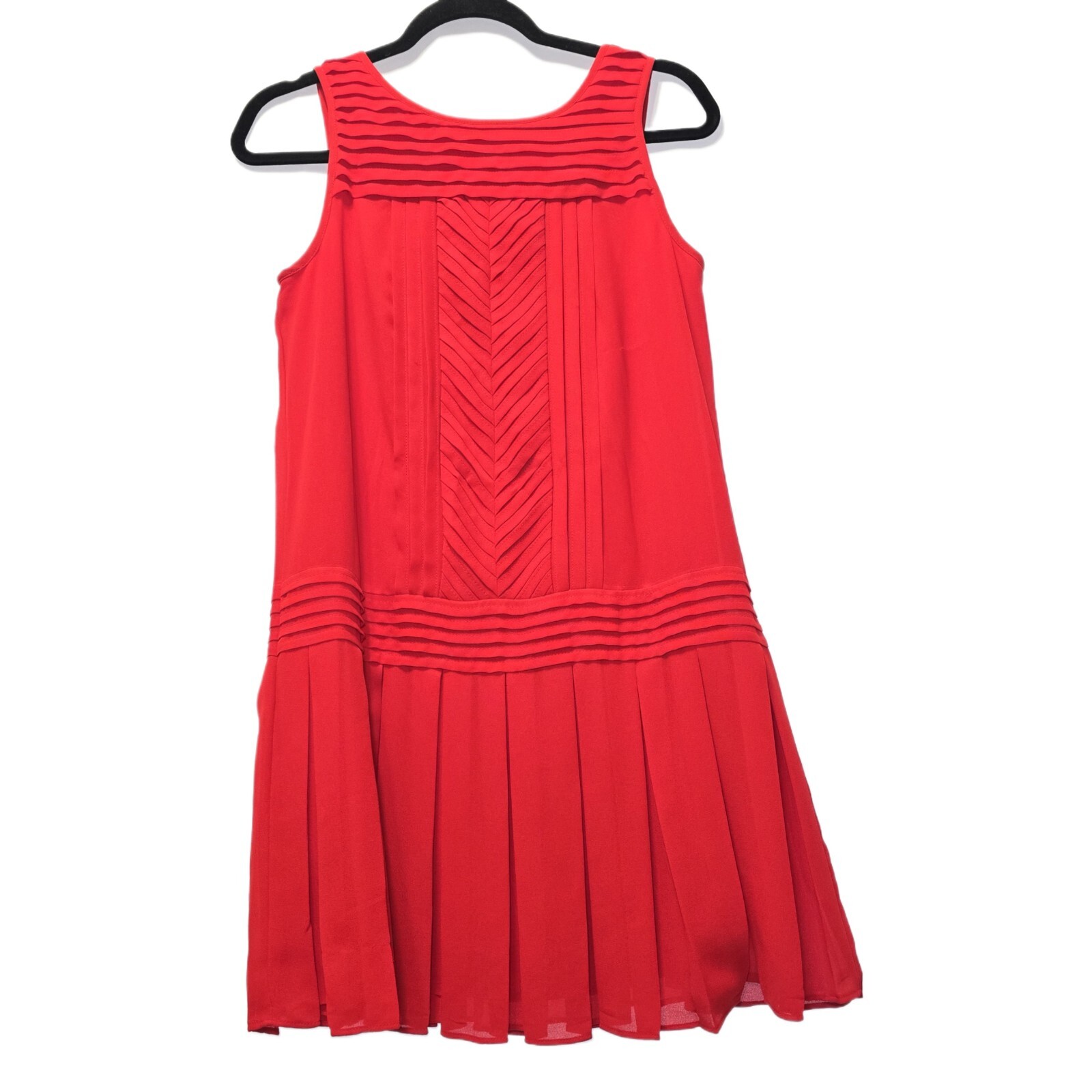 Ann Taylor Loft Red Chiffon Sleeveless Drop Waist Dress, Size 4 Petite.