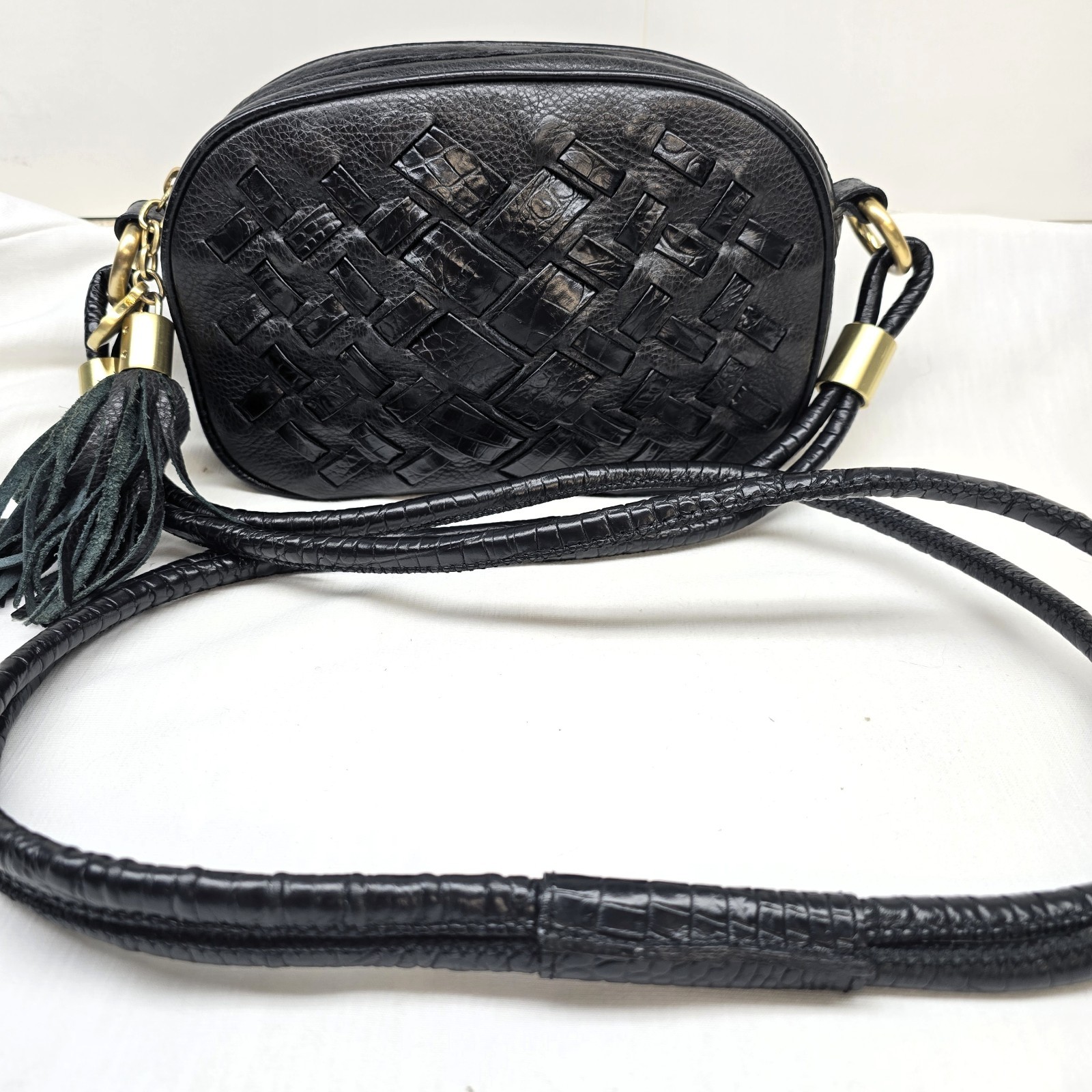 Brahmin Black Leather Multi-Texture Crossbody Bag, Gold Hardware, Key Clip