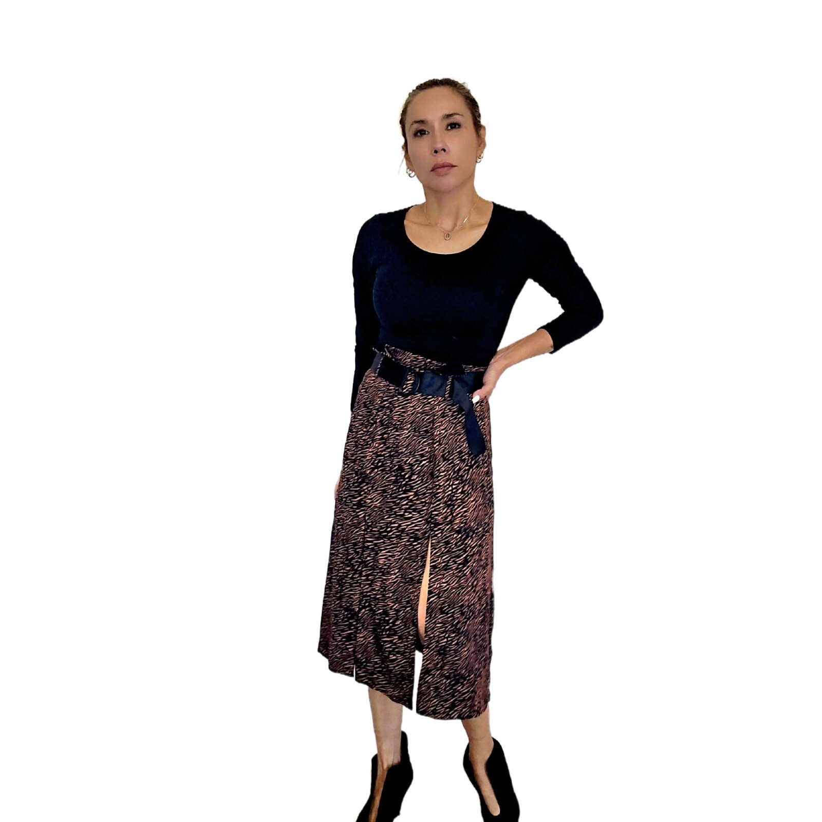 ZARA Animal Print Midi Skirt with Belt - Size XS – Flowy Black & Brown