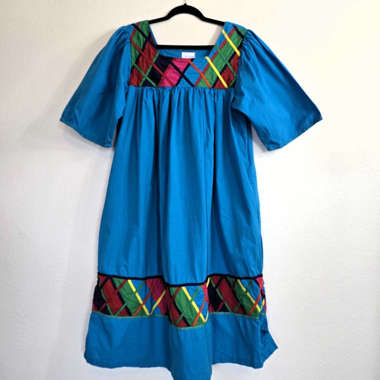 Vintage 1980s La Cera Blue Cotton Dress Size L – Embroidered Boho Midi