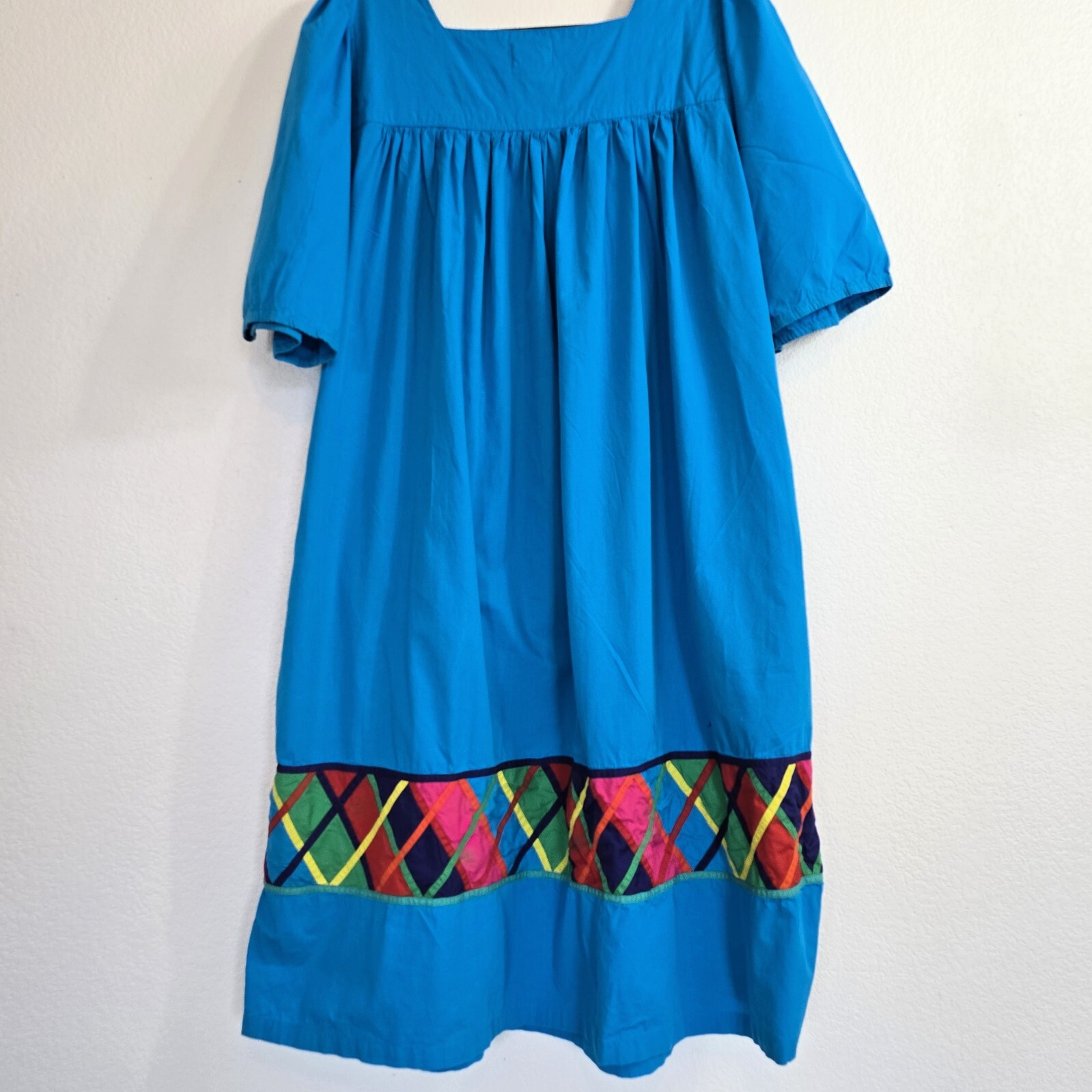 Vintage 1980s La Cera Blue Cotton Dress Size L – Embroidered Boho Midi
