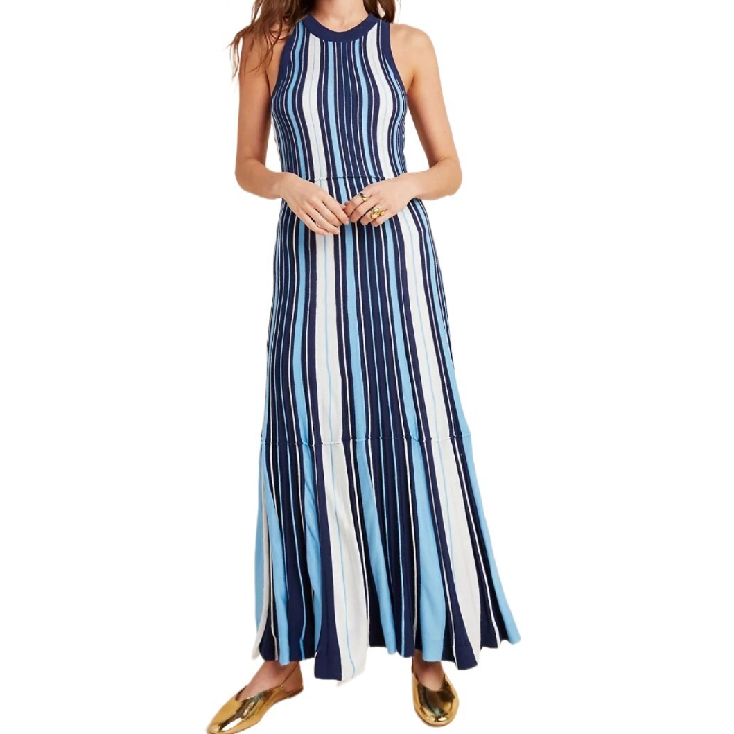 Anthropologie Maeve Lisanne Sweater Maxi Dress – Size S, Blue and White Striped