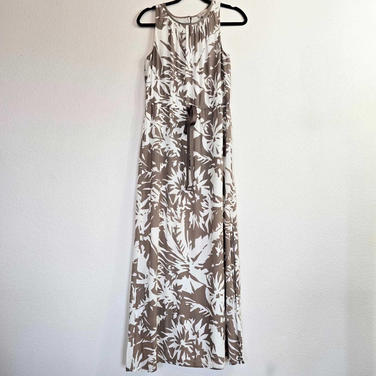 LOFT Women’s Brown White Floral Maxi Dress Sz 2 Sleeveless Tie Waist