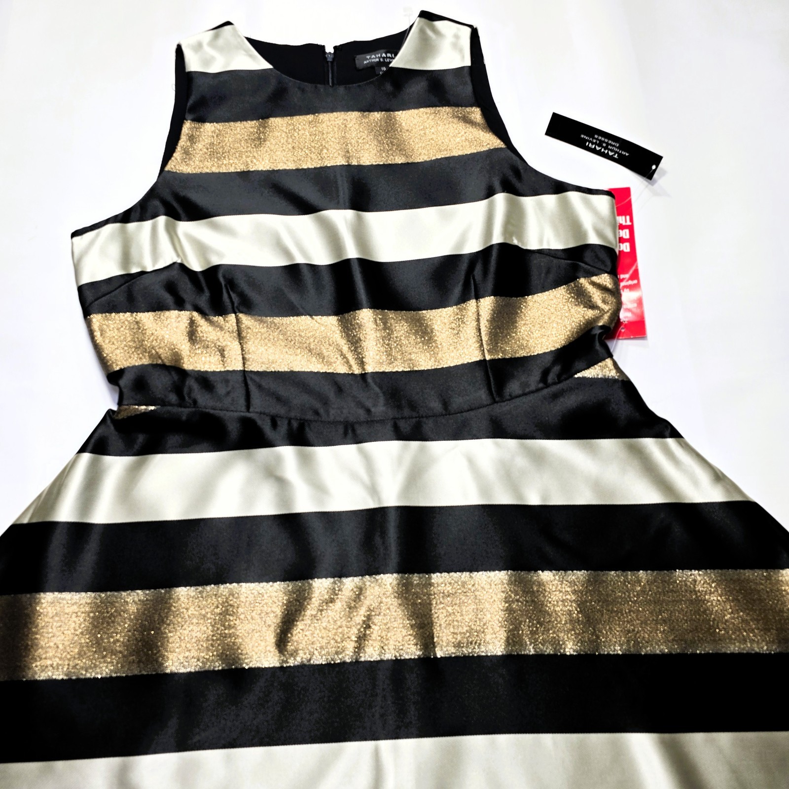 NWT TAHARI Women’s Sleeveless Striped Gold Black Fit & Flare Dress Sz 10