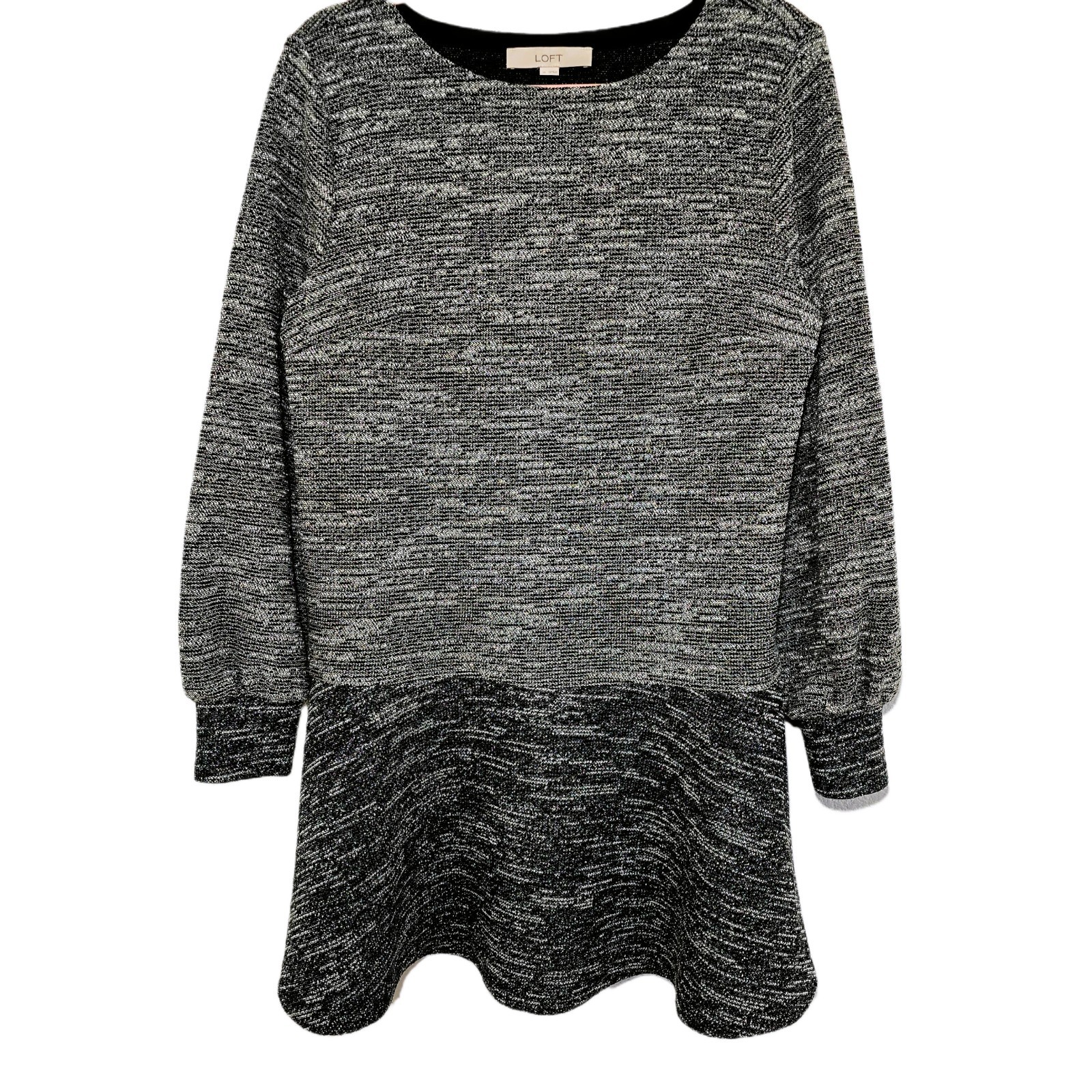 LOFT Women's Metallic Gray Sweater Dress, Medium, Balloon Sleeve, Fit & Flare