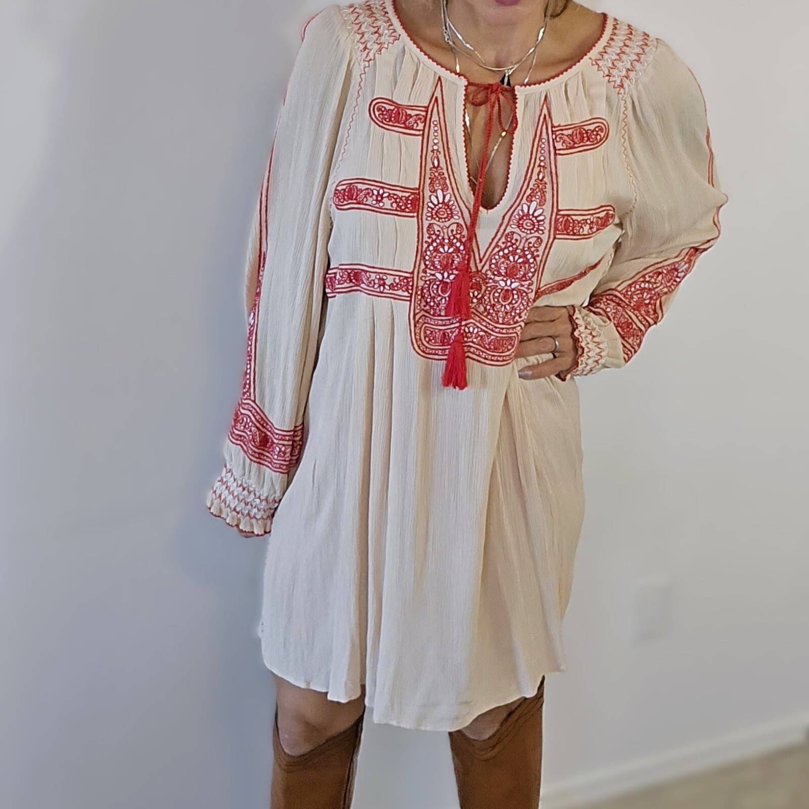 Free People Wind Willow Mini Peasant Dress for Women – Size L, Ivory and Red