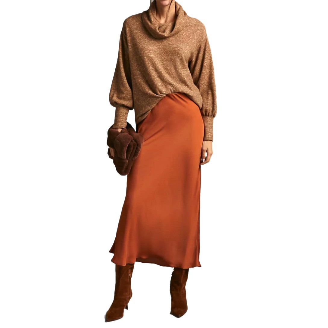 Maeve Anthropologie Soft Knit Cowl Neck Sweater Tan Bishop Sleeve Size L