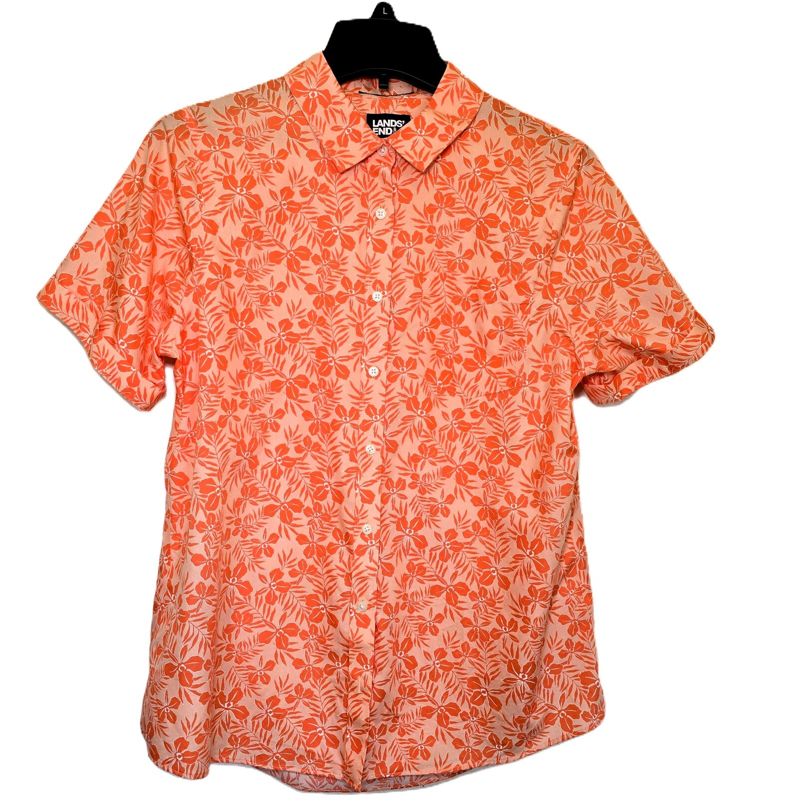 Lands’ End Women’s Wrinkle-Free No-Iron Shirt – Size S, Crisp Peach Fern Floral