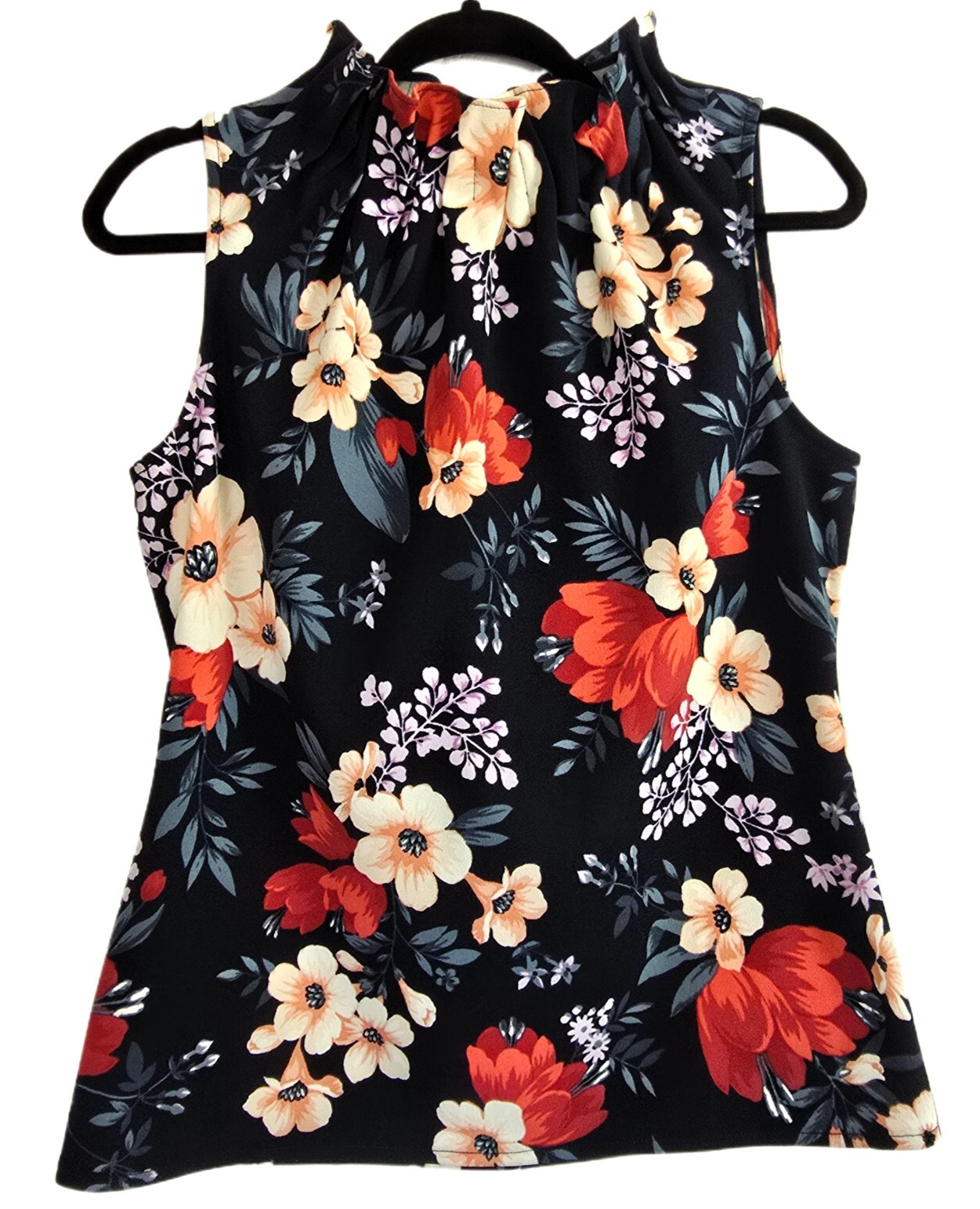 Ann Taylor Floral Sleeveless Blouse SP Ruffle Neck Black Red Orange Top