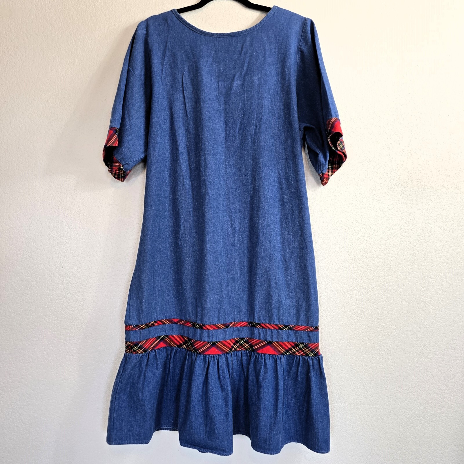 VTG 1980s Appel Denim Look Dress Boho Red Plaid Trim L/XL Grandmacore Cotton