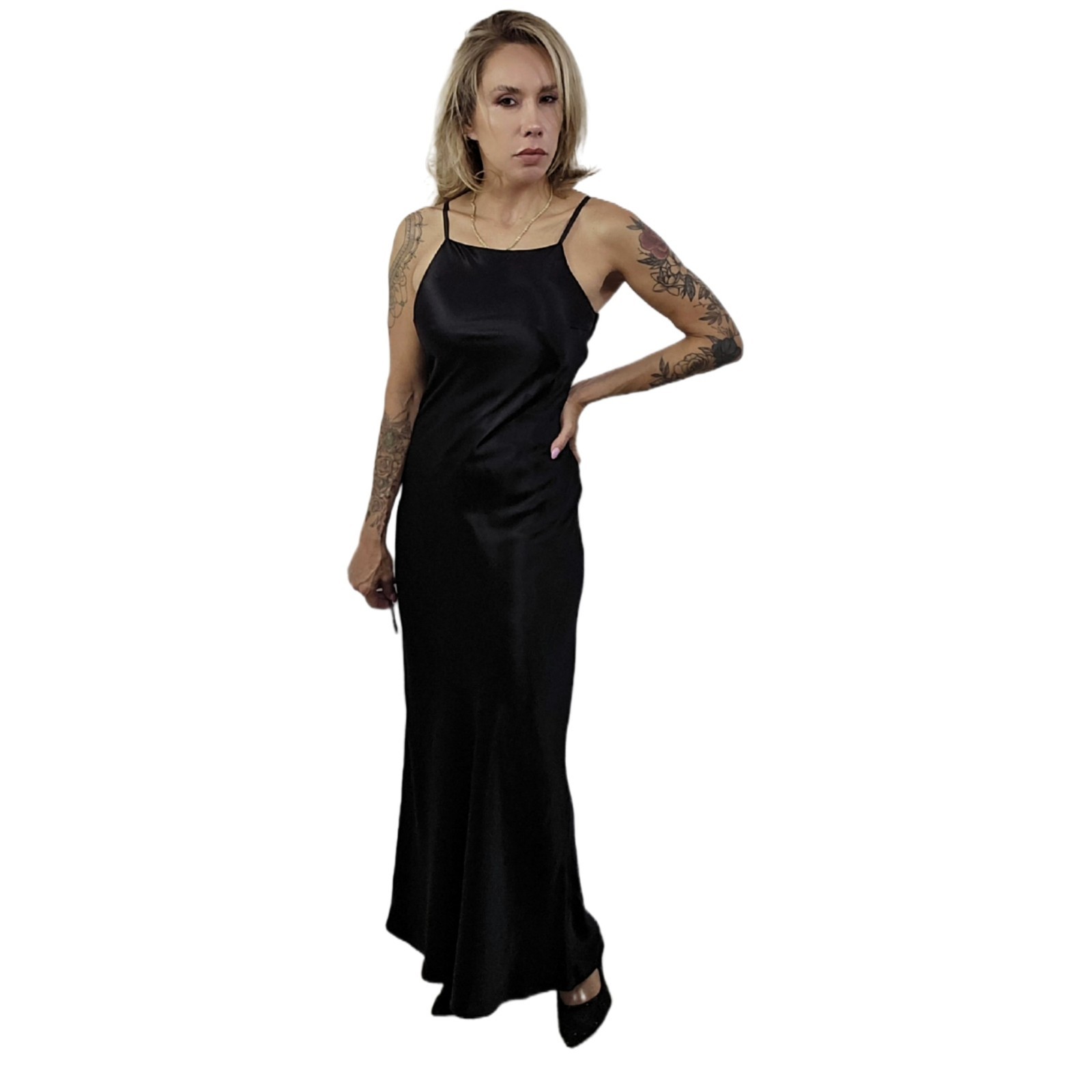 Roberta Vintage 1990s Black Satin Slip Dress Gown 5/6 Beaded Sheer Back