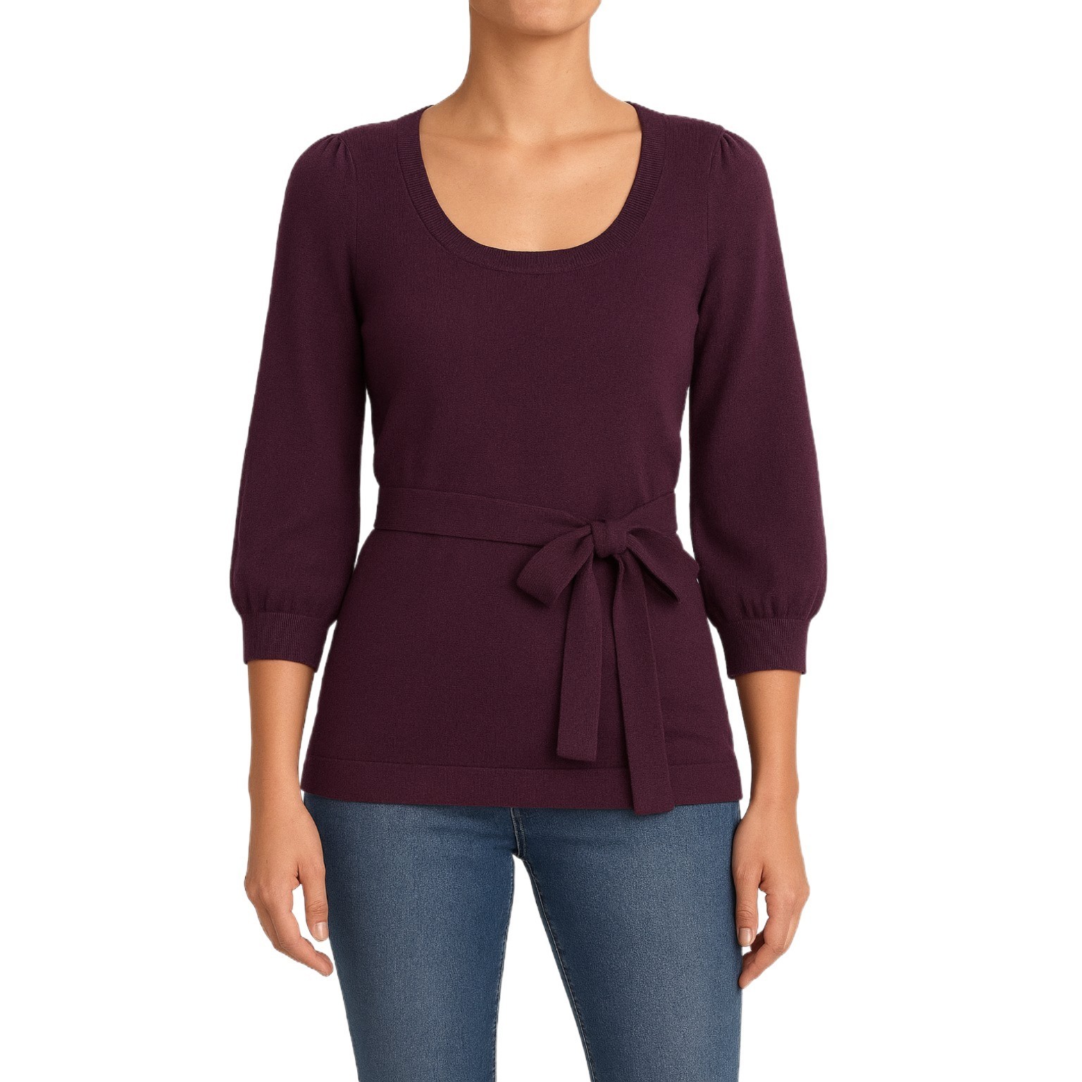 Ann Taylor Women’s Plum Sweater Belted Scoop Neck 3/4 Sleeve Size S