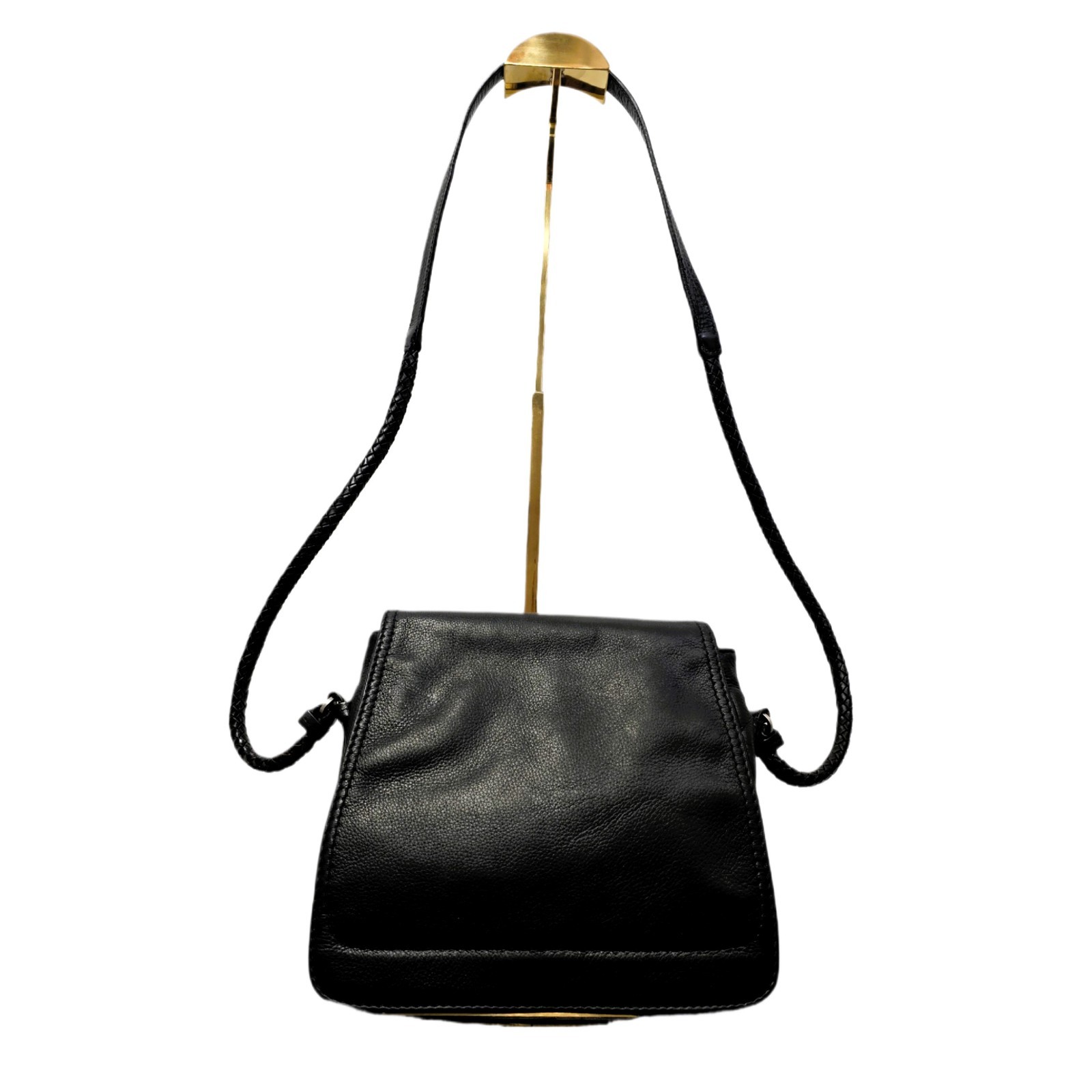 Woolrich Black Genuine Leather Crossbody Bag Braided Strap Multiple Pockets - Used