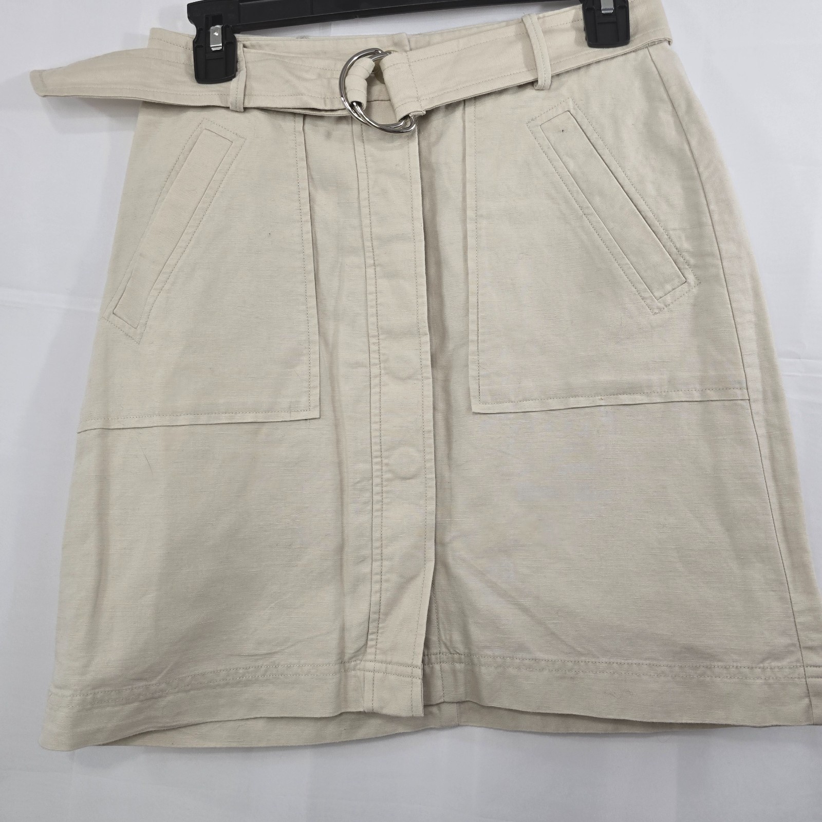 Ann Taylor Safari Belted Mini Skirt 2P Khaki A-Line Button Front Lined Cotton