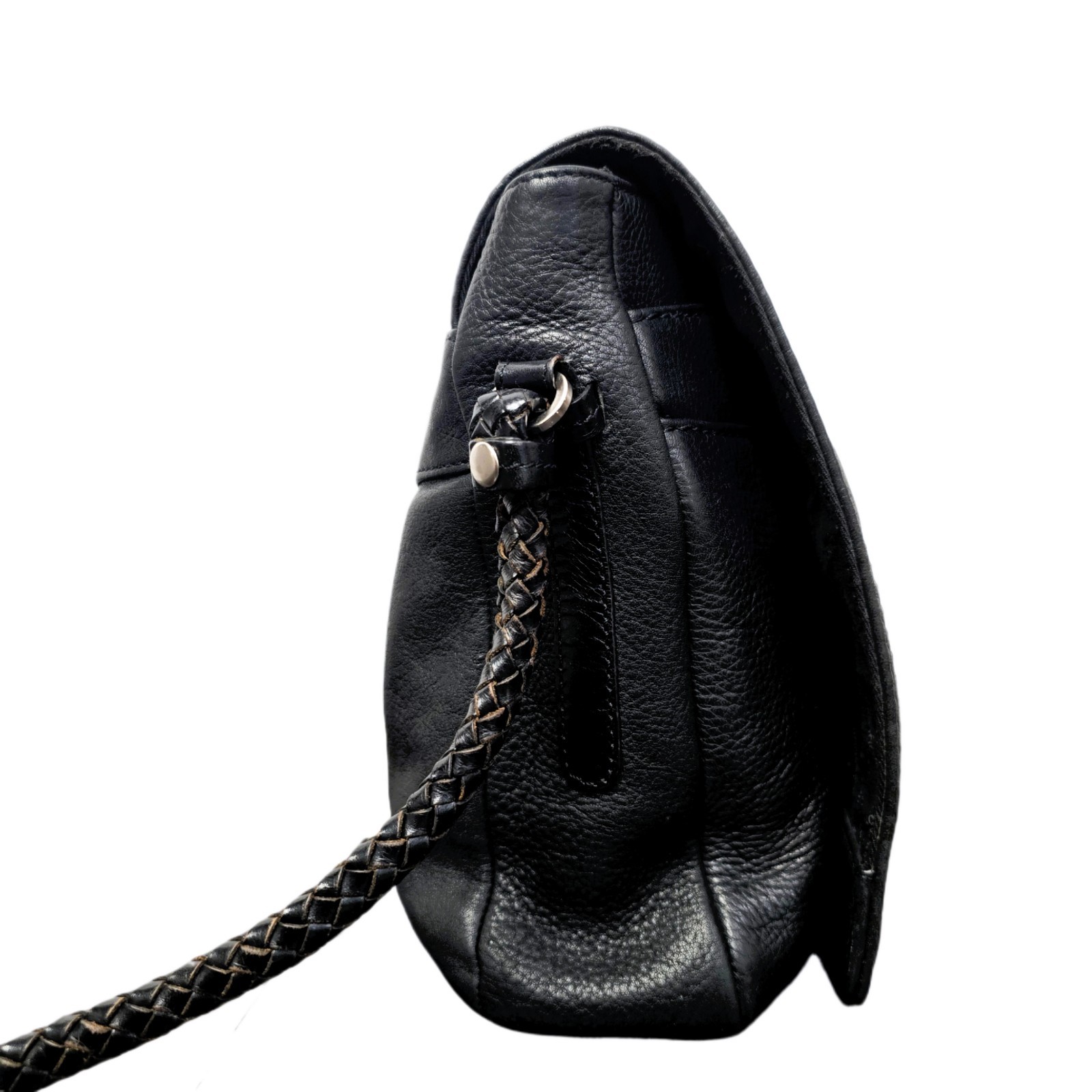 Woolrich Black Genuine Leather Crossbody Bag Braided Strap Multiple Pockets - Used