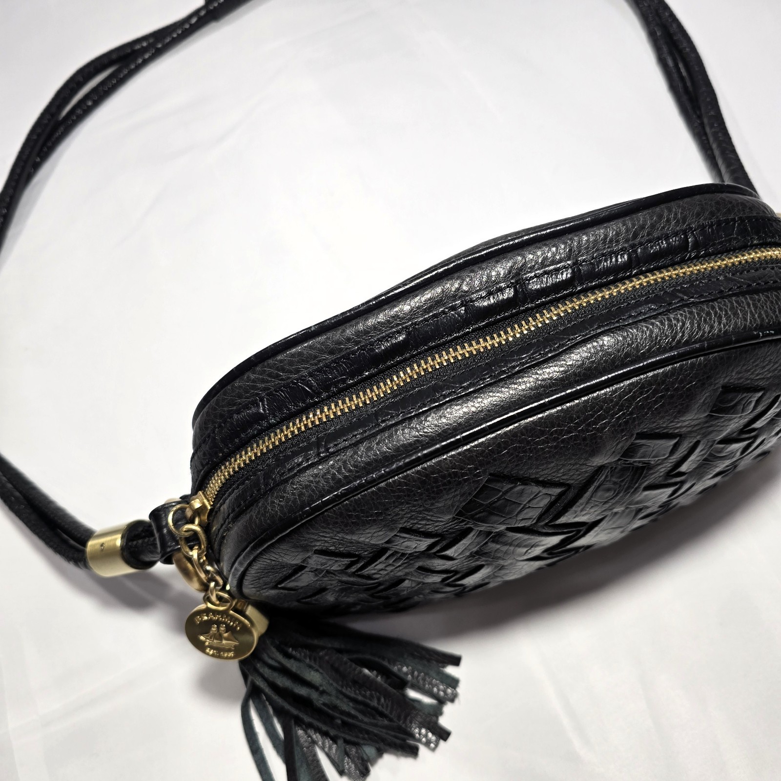 Brahmin Black Leather Multi-Texture Crossbody Bag, Gold Hardware, Key Clip