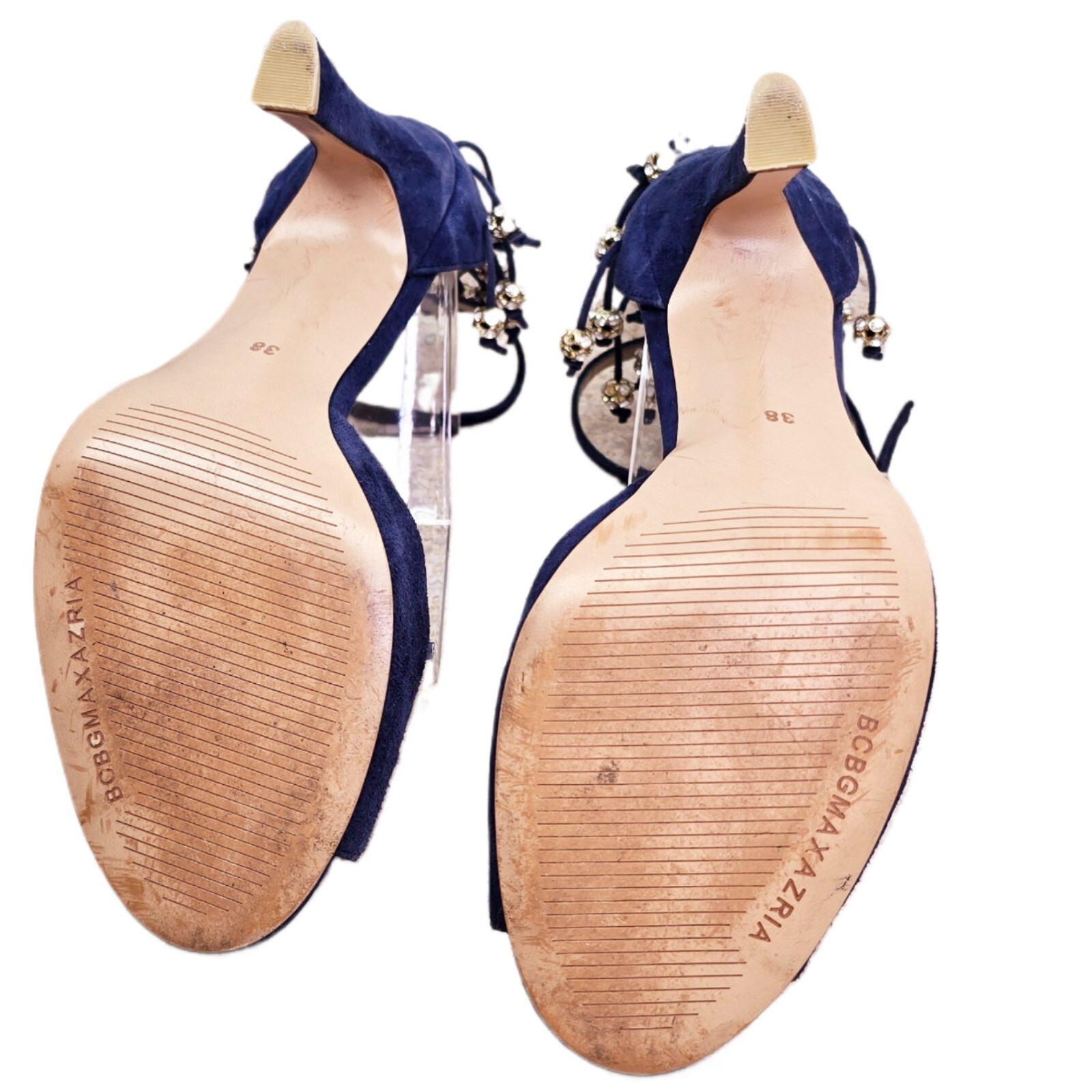 BCBG MAXAZRIA Women’s Size 8 Suede Heeled Sandals with Rhinestone Accents