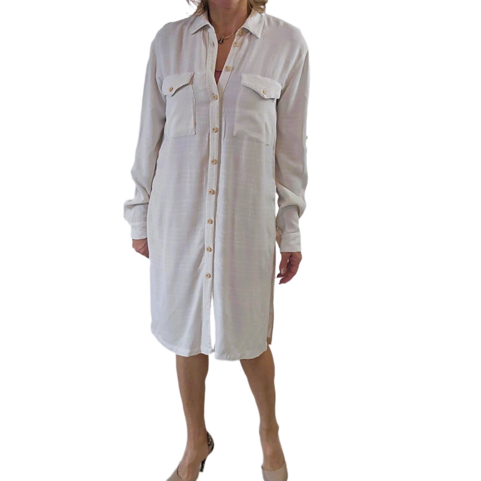 Free People Ivory Button-Down Oversized Maxi Shirt Dress – Size S